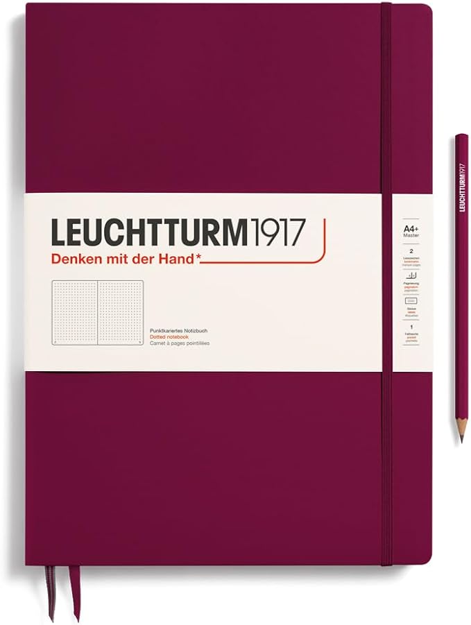 LEUCHTTURM1917 - Notebook Hardcover Master Slim A4+ - 123 Numbered Pages for Writing and Journaling (Port Red, Dotted)