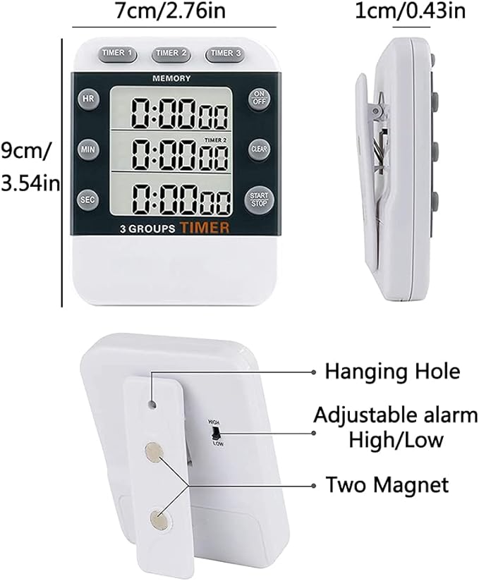 Digital Dual Kitchen Timer for Cooking, 3 Channels Count Down/up Triple Multi Timers for Food, Magnetic Memory-Preset Large-Display Adjustable Alarm Volume, 3A Battery Included
