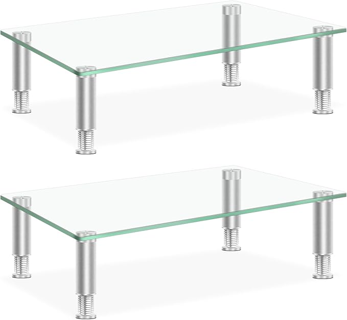 Tempered Glass Monitor Riser with Height Adjustable, Clear Computer Monitor Stand for Desk, Laptop TV, Desk Organization, 2Pcs, 15L x9.45W x3.75H Inches