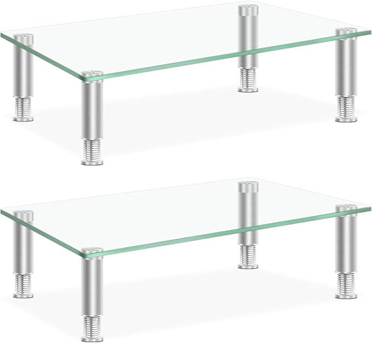 Tempered Glass Monitor Riser with Height Adjustable, Clear Computer Monitor Stand for Desk, Laptop TV, Desk Organization, 2Pcs, 15L x9.45W x3.75H Inches