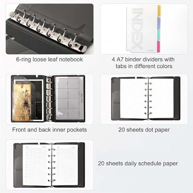 CAGIE A7 Binder 6 Ring Notebook with Dividers Refillable Planner Binder with Pockets, Refill Paper Include Planning Square Ruled and Dotted Pages (Grey and Blue, 2 Pcs A7 Hourly&Dot Page)