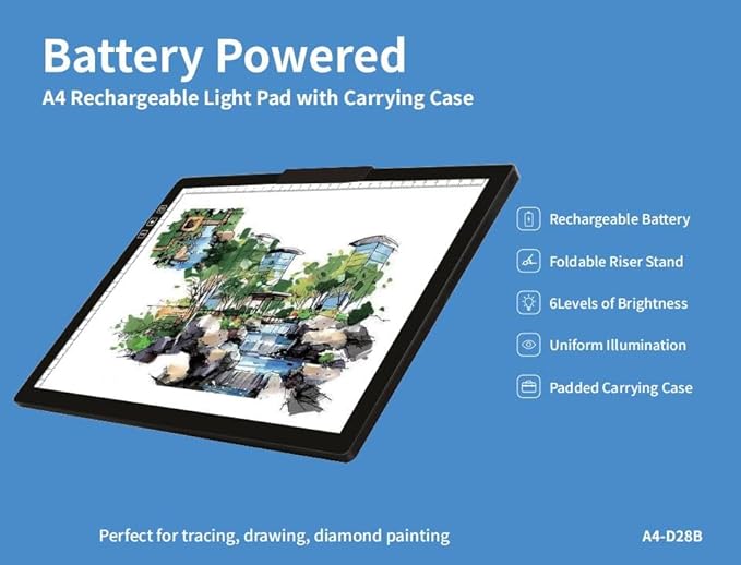 Wireless Rechargeable A4 LED Light Pad w/Built-in Riser Stands, 6 Levels of Brightness, Evenly Illuminated Light Box for Tracing and Weeding Vinyl, Slim and Lightweight Diamond Painting Light Board