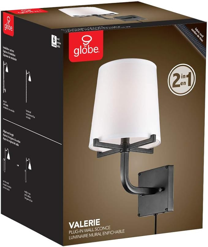 Globe Electric 51515 Valerie 1-Light Plug-in or Hardwire Wall Sconce, 6ft Black Fabric Covered Cord, Inline On/Off Rocker Switch, Dark Bronze with White Shade, Bulb Not Included