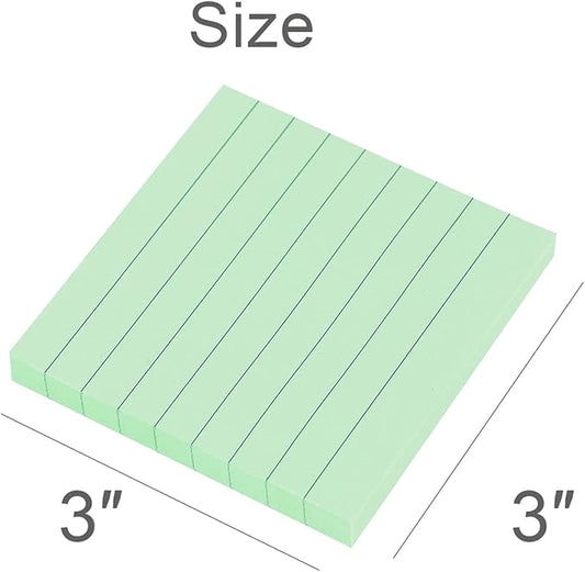 Vanpad Lined Sticky Notes 3x3 Inches, Light Green Ruled Self-Stick Pads, Easy to Post for Home, Office, Notebook, 8 Pads/Pack