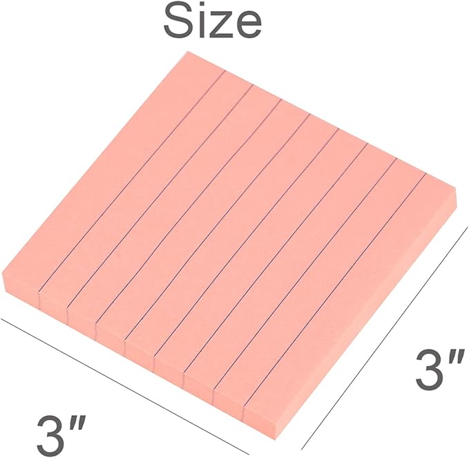 Vanpad Lined Sticky Notes 3x3 Inches, Bright Pink Ruled Self-Stick Pads, Easy to Post for Home, Office, Notebook, 8 Pads/Pack