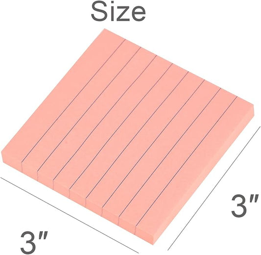 Vanpad Lined Sticky Notes 3x3 Inches, Bright Pink Ruled Self-Stick Pads, Easy to Post for Home, Office, Notebook, 8 Pads/Pack