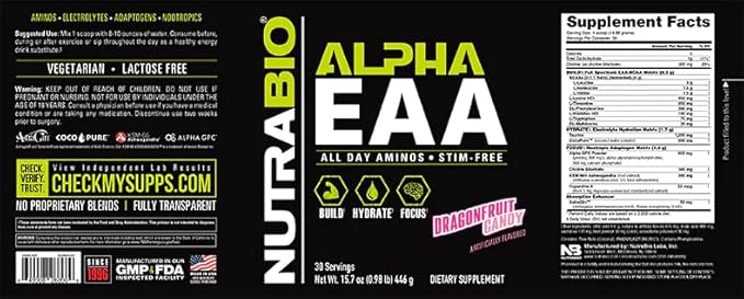 NutraBio Alpha EAA - All-Day Amino Acids for Muscle Growth and Hydration - Essential Amino Acids with Nootropics & Adaptogens- Full Spectrum EAA BCAA Powder - 30 Servings - Dragon Fruit