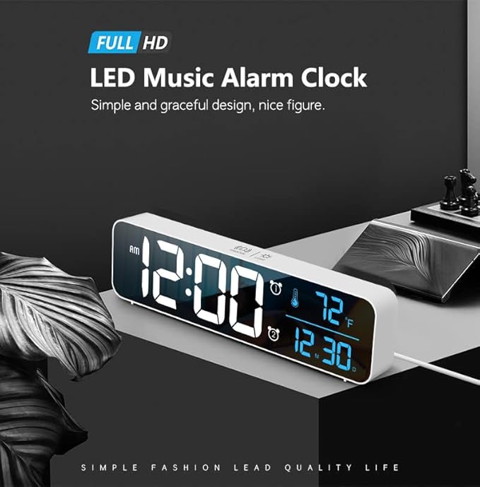 Digital Clock, Clock for Bedroom, Clocks for Living Room Decor, Desk Table Clock, Alarm Clock Large Display with Date Week Temperature, Automatic Brightness Dimmer, Smart Cool Modern (White Blue)