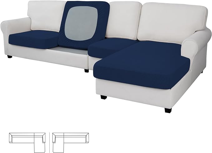 Easy-Going Stretch 4 Pieces Couch Cushion Covers for Sectional Sofa Left/Right L Shape Chaise Lounge Sofa Seat slipcover Anti-Slip Sofa Cover Soft (3 Seater + 1 Chaise, Navy)