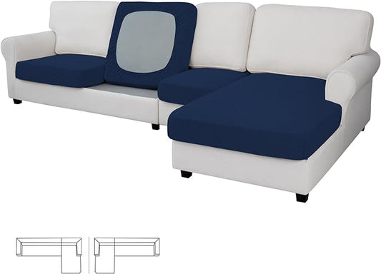 Easy-Going Stretch 4 Pieces Couch Cushion Covers for Sectional Sofa Left/Right L Shape Chaise Lounge Sofa Seat slipcover Anti-Slip Sofa Cover Soft (3 Seater + 1 Chaise, Navy)