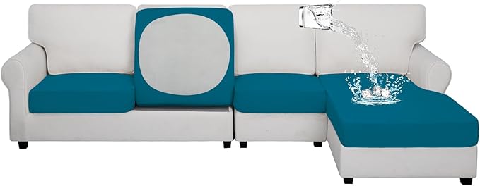 Easy-Going 100% Waterproof 4 Pieces Couch Cushion Covers for Sectional Sofa Left/Right L Shape Chaise Lounge Sofa Seat slipcover Anti-Slip Sofa Cover (3 Seater + 1 Chaise, Peacock Blue