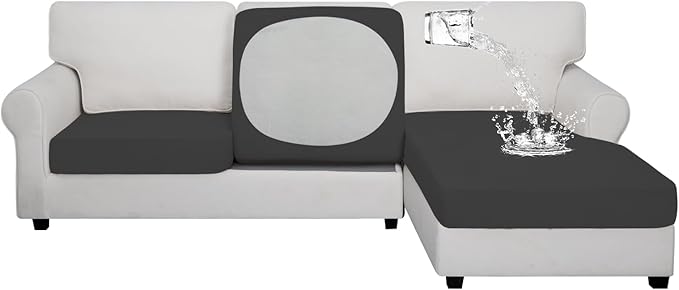 Easy-Going 100% Waterproof 3 Pieces Couch Cushion Covers for Sectional Sofa Left/Right L Shape Chaise Lounge Sofa Seat slipcover Anti-Slip Sofa Cover (2 Seater + 1 Chaise, Dark Gray