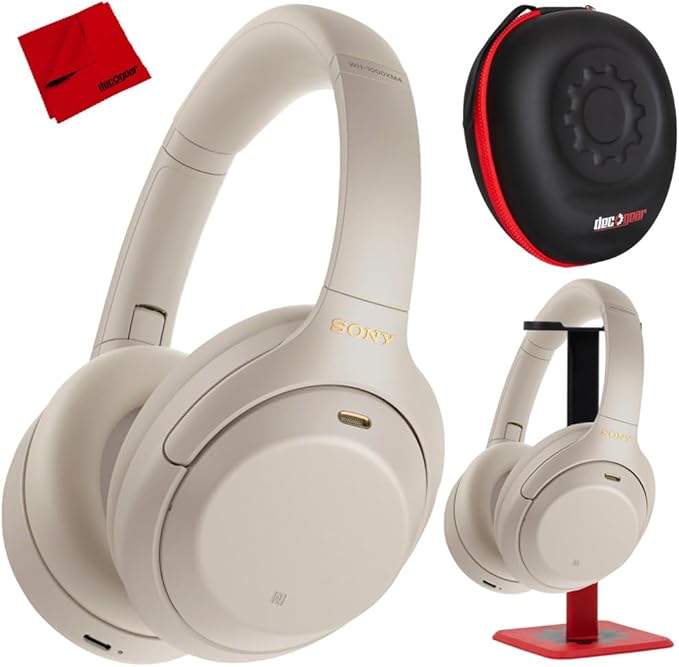 Sony WH1000XM4/S Premium Noise Cancelling Wireless Over-The-Ear Headphones with Built in Microphone Silver Bundle with Deco Gear Premium Hard Case + Pro Audio Headphone Stand + Microfiber Cloth