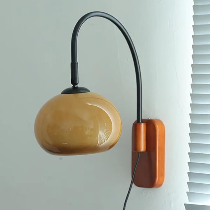 Modern Decoration Wall Sconce Mid Century with White Milk Glass Vintage Industrial Wood Wall Light Hardwired Smoke Grey Amber Farmhouse Reading Wall Lamp for Bedroom Living Room Bedside