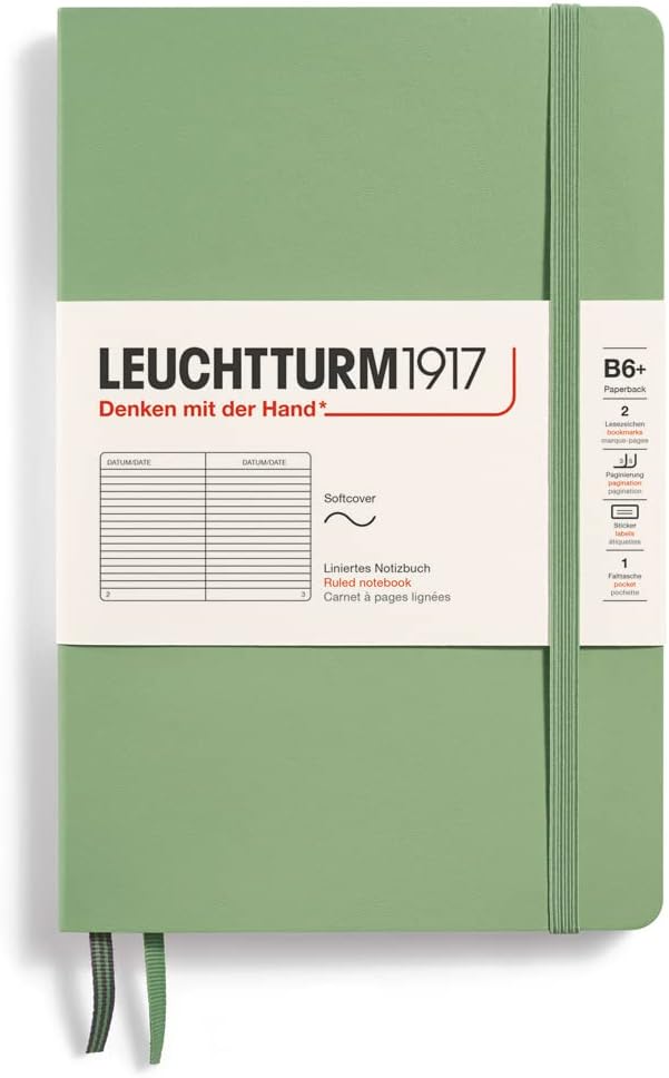 LEUCHTTURM1917 - Notebook Softcover Paperback B6+ - 123 Numbered Pages for Writing and Journaling (Ruled, Sage)