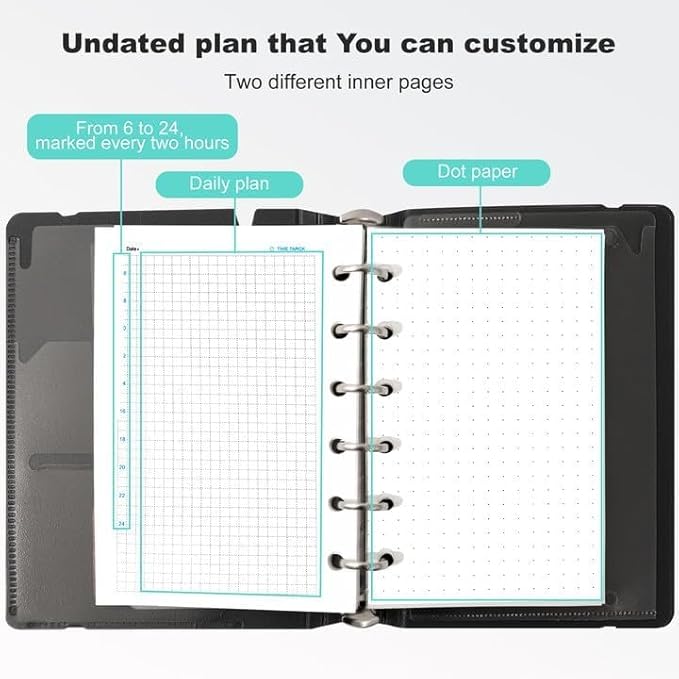 CAGIE A7 Binder 6 Ring Notebook with Dividers Refillable Planner Binder with Pockets, A5 Refill Paper Include Planning Square Ruled and Dotted Pages, 4.13 x 5.71 In, (Grey, A7 Hourly&Dot Page)