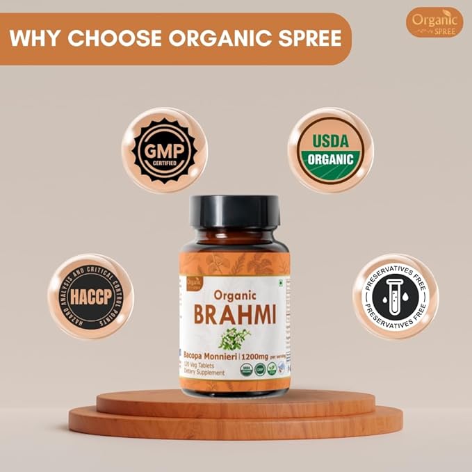 Brahmi 120 Tablets – USDA Organic Bacopa Monnieri Supplement – Supports Focus, Calm & Memory – Herbal Nootropic* - Pack of 2