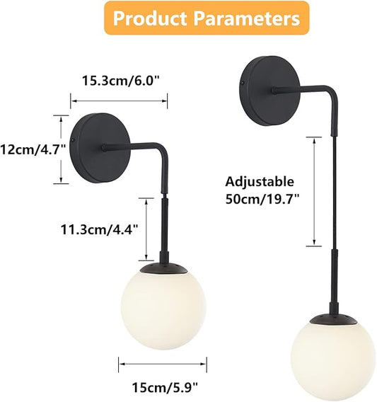BOKT Lighting Black 1-Light Frosted White Glass Wall Sconce Mid Century Modern Globe Ball Bathroom Wall Light Rustic Industrial Bedroom Bedside Wall Reading Lamp (Black+White)