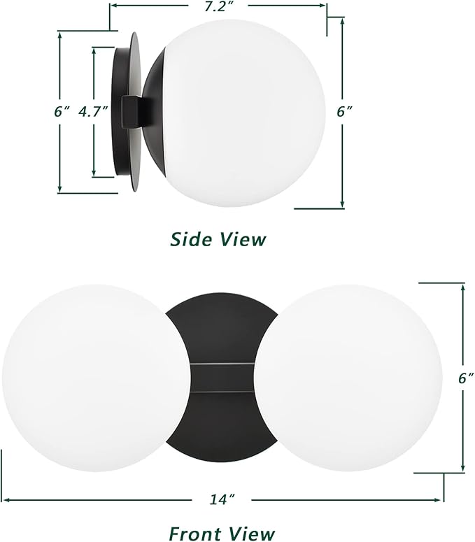Bathroom Vanity Light Fixtures, Modern 2 Lights Globe Wall Sconce Lighting Matte Black, Porch Wall Mount Light Fixture for Bathroom, Mirror Cabinets Hallway Stairs (Matte Black, 2-Light)