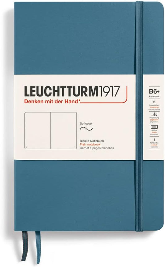 LEUCHTTURM1917 - Notebook Softcover Paperback B6+ - 123 Numbered Pages for Writing and Journaling (Plain, Stone Blue)