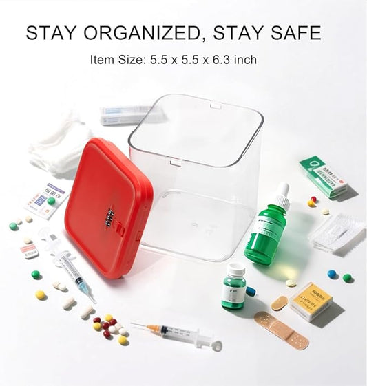Clear Lockable Storage Box with Combination Lock - Heavy Duty Medicine,Food,Snack & Electronics Organizer Jar,Childproof Phone Jail,Gaming Device Lockbox Container Tank,Self Control Prize Bin (Red)
