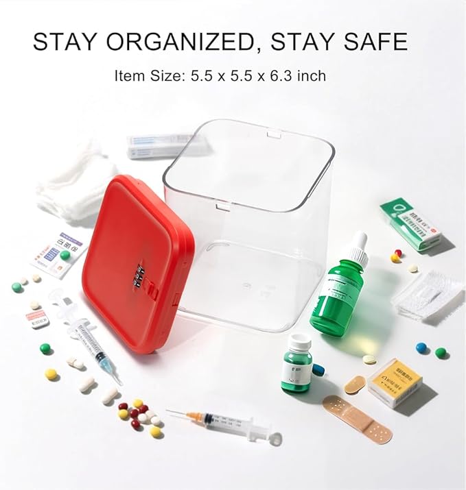 Clear Lockable Storage Box for Medicine Safe,Food Jar,Snacks,Phone - Secure Lock Box Refrigeator Container Bin Store Tank with Combination for Kitchen,Home,Office,Hospital (5.6×5.6×6.3 In) (Red)