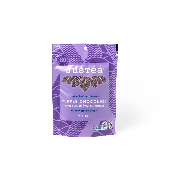 JusTea PURPLE CHOCOLATE | Loose Leaf Purple Tea | Recyclable Refill Pouch | 40+ Cups (3.5oz) | Very Low Caffeine | Award-Winning | Fair Trade | Non-GMO