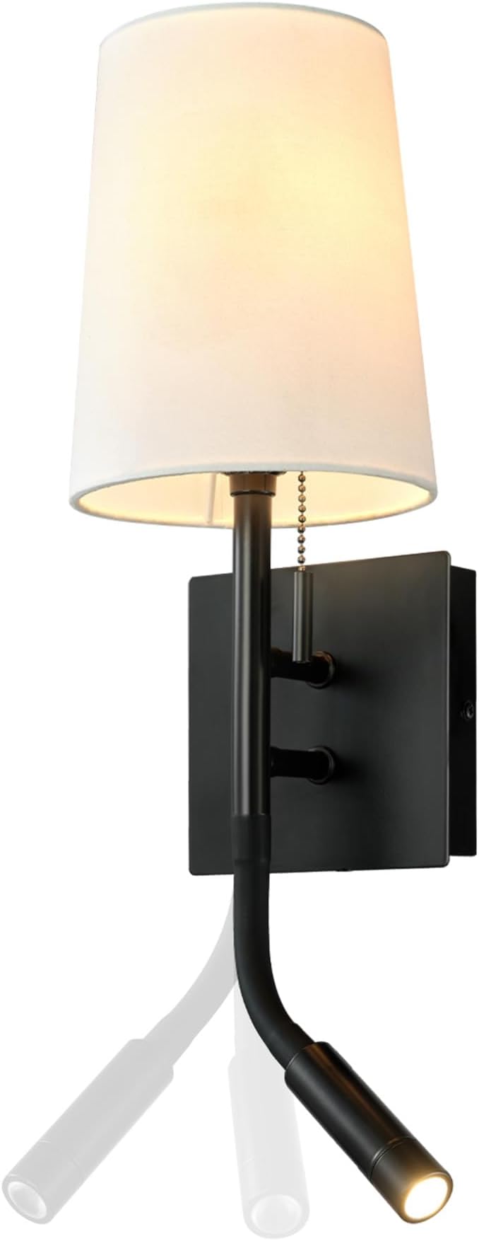 Globe Electric 1-Light Plug-in or Hardwired Wall Sconce with Reading Light, USB-A Port, USB-C Port, LED Integrated Reading Light, Matte Black, White Fabric Shade, On-Off Pull Chain and Rocker Switch