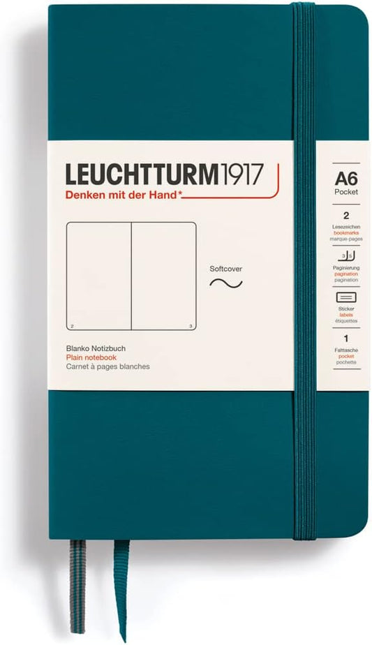 LEUCHTTURM1917 - Notebook Softcover Pocket A6-123 Numbered Pages for Writing and Journaling (Plain, Pacific Green)