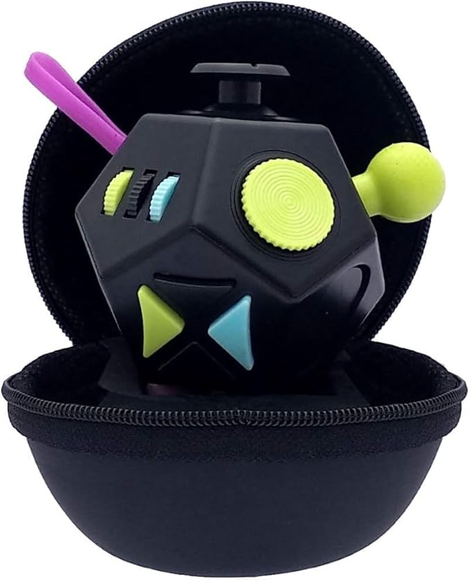 PILPOC theFube Fidget Cube with 12 Sides - Handy Anxiety Toys for Kids and Adults - Fidget Dice for Stress Relief & Focus - Anti Stress Cube for ADHD, ADD, with Carry Case (Black & Mix)