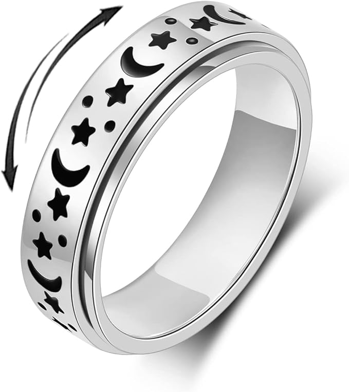 OreilleStar Anxiety Ring for Women Fidget Ring Anxiety Relief Items Spinner Rings for Anxiety Silver Moon Star Fidget Rings for Women men Anxiety Band Ring