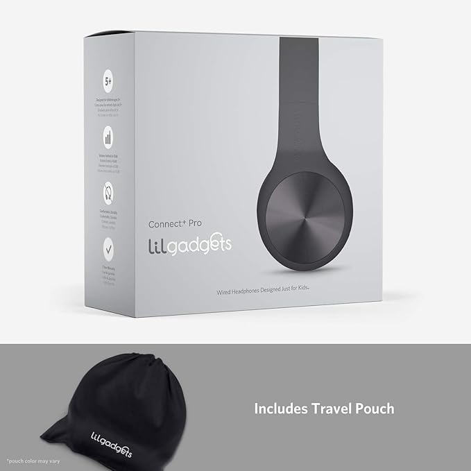 LilGadgets Connect+ Pro Wired Kids Headphones for School w/Microphone, Volume Limiting & Noise Reduction Over-Ear Headset w/Cord, SharePort Technology & SoftTouch Padding, Black Headphones for Kids