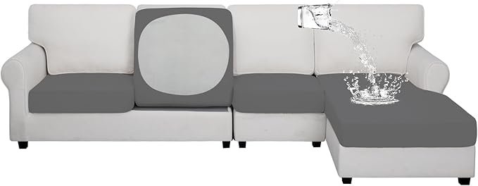 Easy-Going 100% Waterproof 4 Pieces Couch Cushion Covers for Sectional Sofa Left/Right L Shape Chaise Lounge Sofa Seat slipcover Anti-Slip Sofa Cover (3 Seater + 1 Chaise, Gray