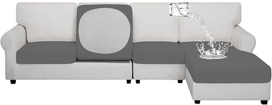 Easy-Going 100% Waterproof 4 Pieces Couch Cushion Covers for Sectional Sofa Left/Right L Shape Chaise Lounge Sofa Seat slipcover Anti-Slip Sofa Cover (3 Seater + 1 Chaise, Gray