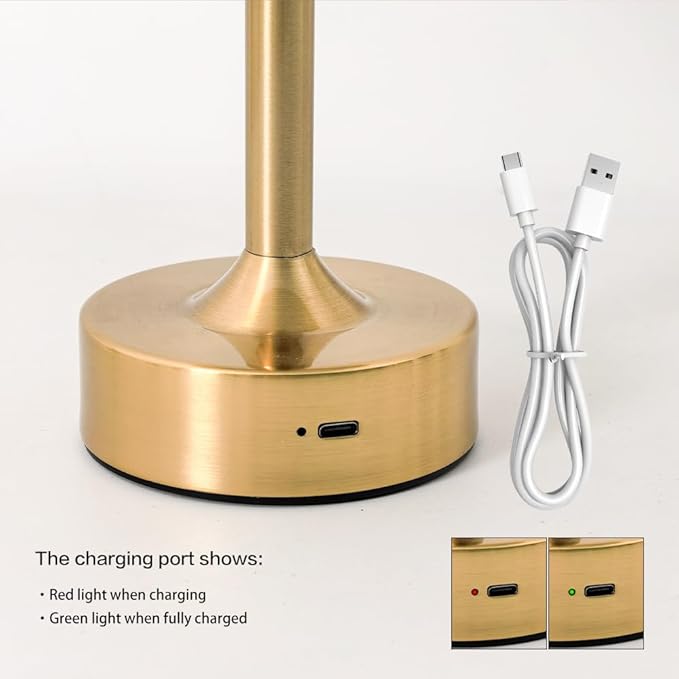 Cordless Table Lamp - Rechargeable Night Light with 2000mAh Battery, Touch Control, Dimmable White/Warm/Neutral Light, Adjustable Height, USB Charging, Ambient LED Bedside Lamp (Gold)