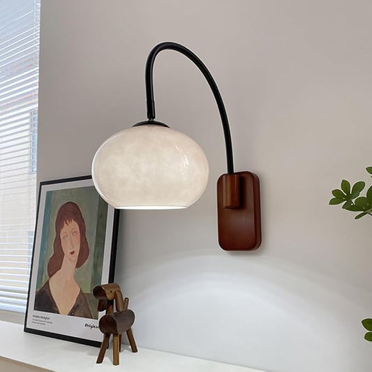 Modern Decoration Wall Sconce Mid Century with White Milk Glass Vintage Industrial Wood Wall Light Hardwired Smoke Grey Amber Farmhouse Reading Wall Lamp for Bedroom Living Room Bedside