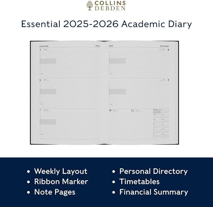 Collins 'Essentials' 12 Month Mid/Academic Year Planner, July 2025-July 2026 - ESSA53M.60-2526 - Week-to-View Diary, A5 Hard Cover, Blue