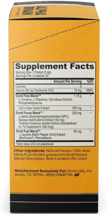 ONNIT Alpha Brain Instant Peach Flavor - Nootropic Brain Booster Memory Supplement - for Focus, Energy & Clarity - Alpha GPC Choline, Cats Claw, L-Theanine, Bacopa - 30ct