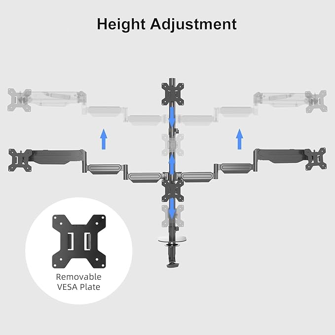 Pholiten Quad 4 Monitor Arm Desk Mount for Max 32 inch Screens, Gas Spring Adjustment Monitor Stand with VESA 75x75mm, 100x100 mm, Clamp & Grommet Install Black MD18864