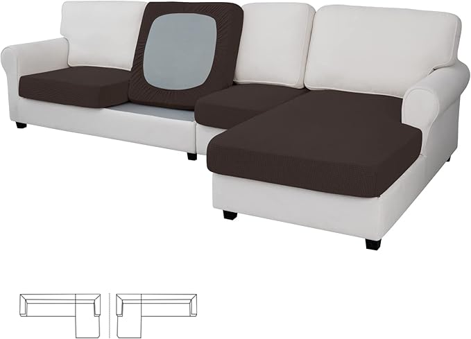 Easy-Going Stretch 4 Pieces Couch Cushion Covers for Sectional Sofa Left/Right L Shape Chaise Lounge Sofa Seat slipcover Anti-Slip Sofa Cover Soft (3 Seater + 1 Chaise, Chocolate)
