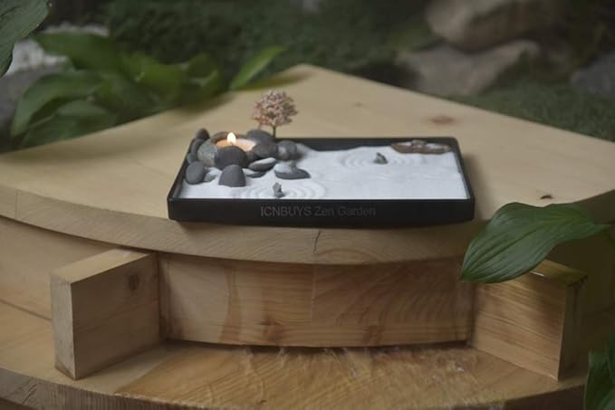 Handmade Zen Garden Pebbles Candle Holder Set with Zen Garden Tools, Sand, Base Tray and Free Accessories