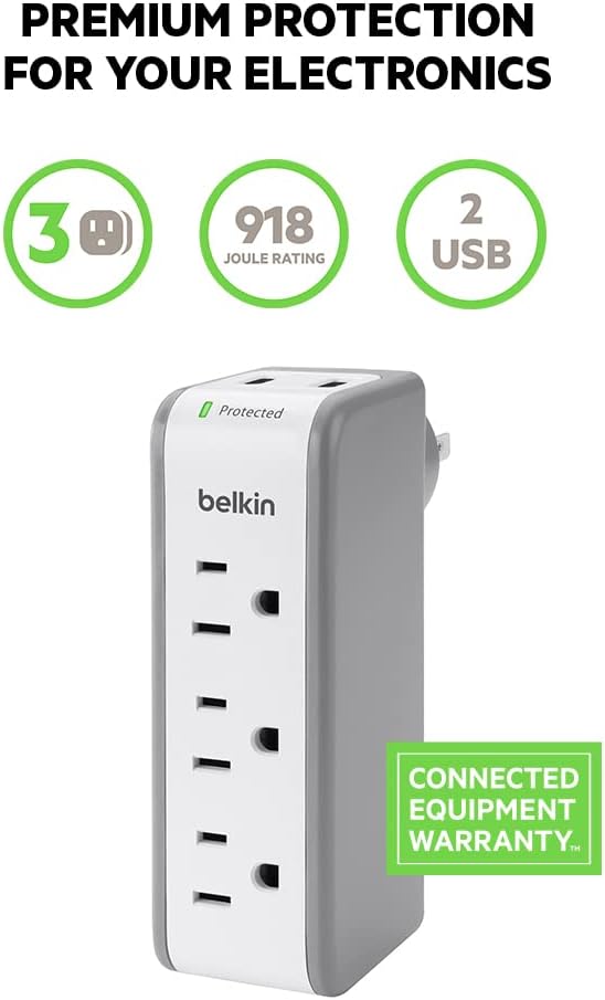 Belkin Wall Mount Surge Protector - 3 AC Multi Outlets & 2 USB Ports - Flat Rotating Plug Splitter - Wall Outlet Extender for Home, Office, Travel, Computer Desktop & Phone Charger - 918 Joules