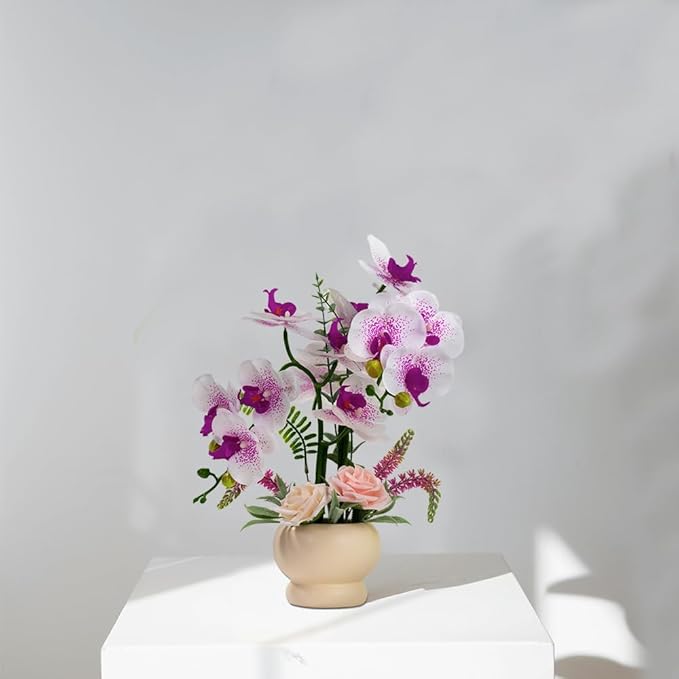 LESING Artificial Orchid Flower with Vase, White Orchid Bonsai Faux Orchid Phalaenopsis Plant Pot Arrangements for Home Decoration (White Purple,Beige Vase)