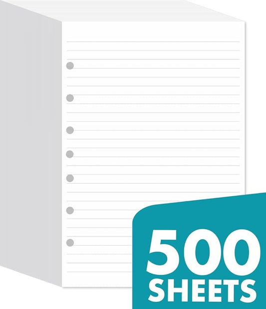 7-Hole Lined Filler Paper Pack of 500 Sheets for Mini Binders, College Ruled, 5-1/2" x 8-1/2", White
