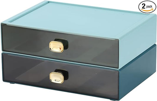 Spacious Desktop Storage Box, 2 Large Storage Drawers, Stackable Office Desk Drawer Organizer and Accessories, Printer Paper Organizer, Blue & Cyan Plastic Drawers for Workspace & Home