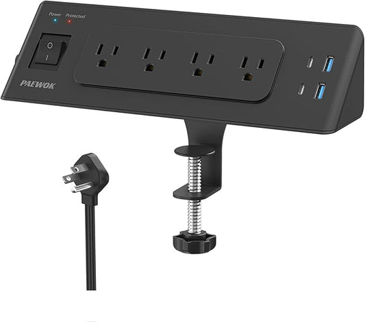 Desk Clamp Power Strip with USB C, Desk Charging Station with 4 Outlets 4 USB Ports, Desktop Mounted Power Strip Surge Protector, 6.5ft Flat Plug Extension Cord, Fit 1.9 inch Tabletop Edge, Black