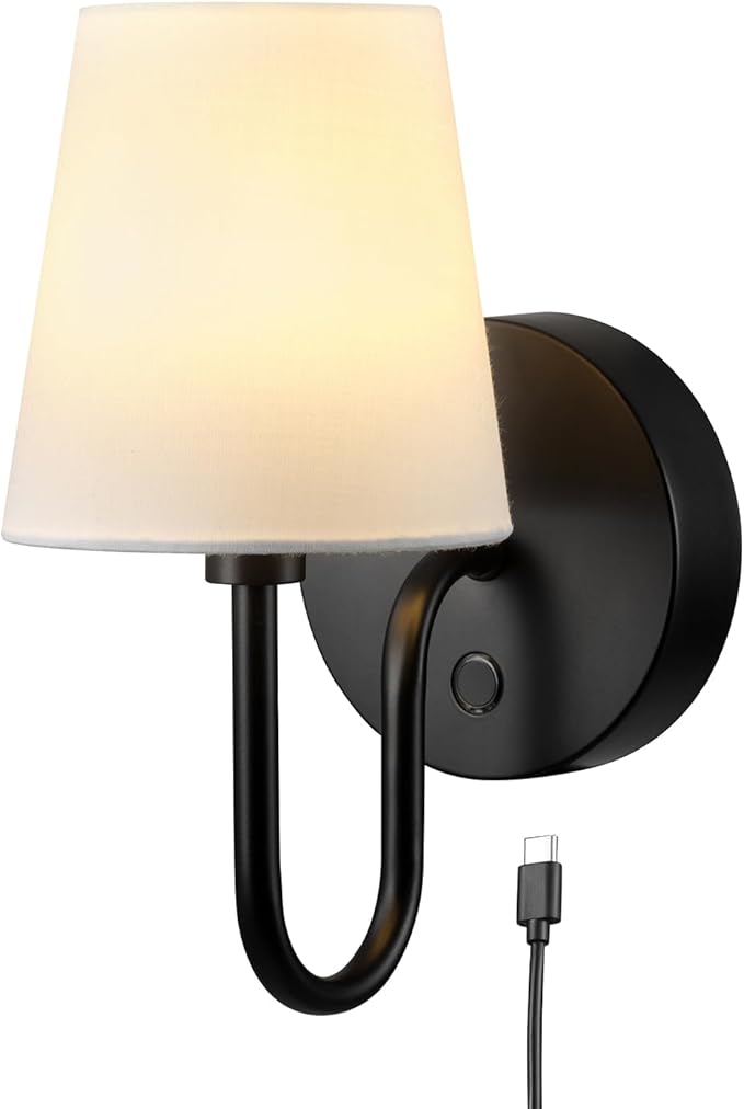 GLOBE Electric 65000132 Rechargeable Battery Wall Sconce, Integrated LED, Matte Black Finish, White Fabric Shade, 3-Step Touch Dimming, Timer, USB-C Charging, Wireless Modern Lighting