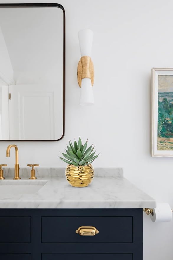 Briful Artificial Frosted Aloe Plant in Gold Ceramic Pot – 8.3” Tall Faux Succulent Agave with Decorative Pebbles – Realistic Indoor Decor for Office, Shelf, Desk, Living Room