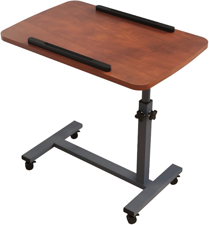 Laptop Table Mobile Adjustable Height Portable Desk Notebook Swivel PC Computer Rolling Desk with Wheels, Laptop Stand for Couch Bedside Hospital Bed Table (Dark Walnut)