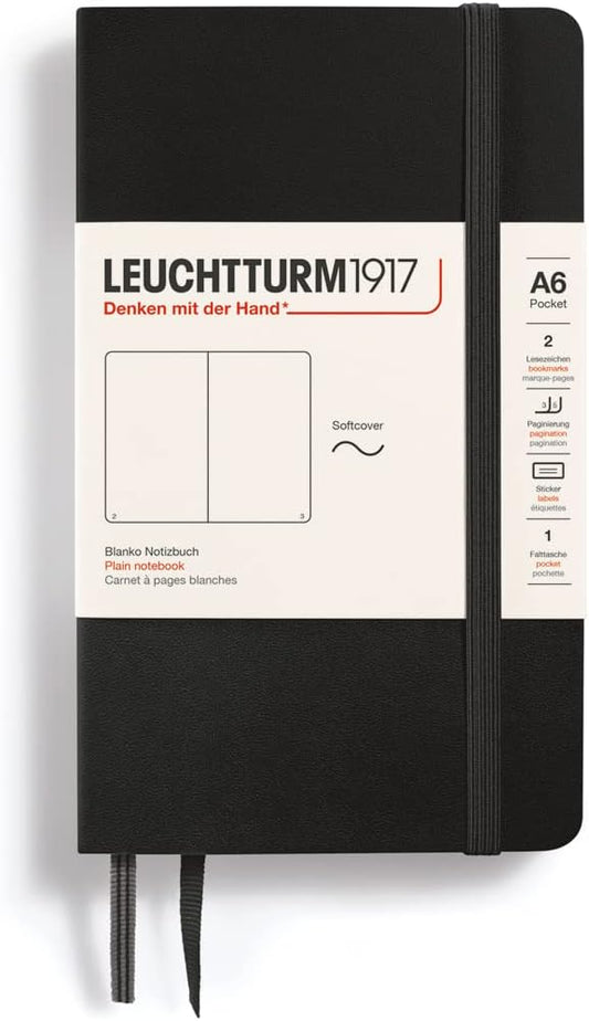 LEUCHTTURM1917 - Notebook Softcover Pocket A6-123 Numbered Pages for Writing and Journaling (Plain, Black)